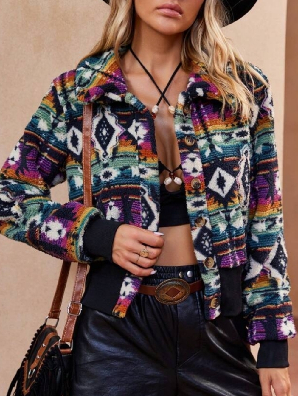 SHEIN LUNE Western Geometric Print Button Front Fleece Jacket NWT Medium